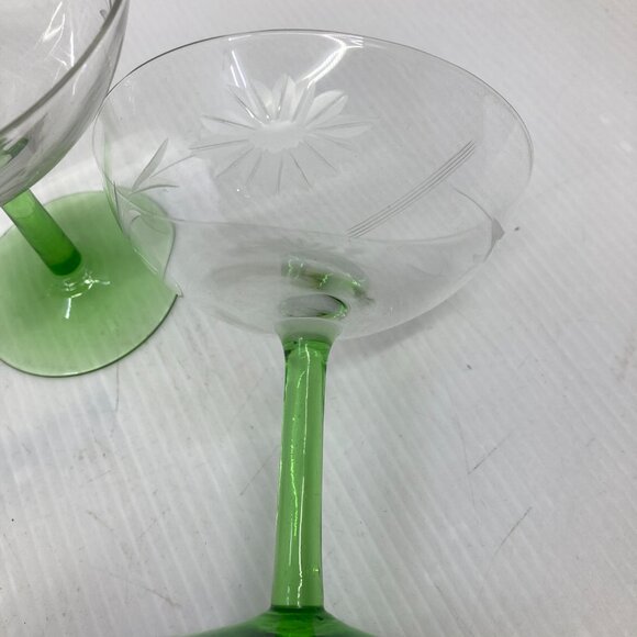 Vtg 1940 depression glass etched cut green stem 3 champagne cup - Picture 2 of 5
